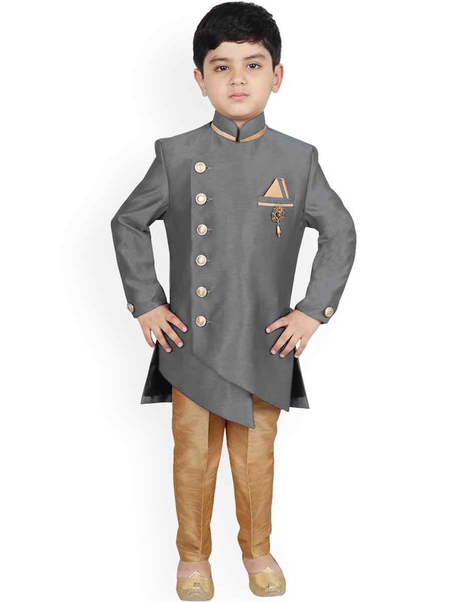 Gray Dupion Silk Brocade Festival Traditional Kurta Pyjama Boys Wear