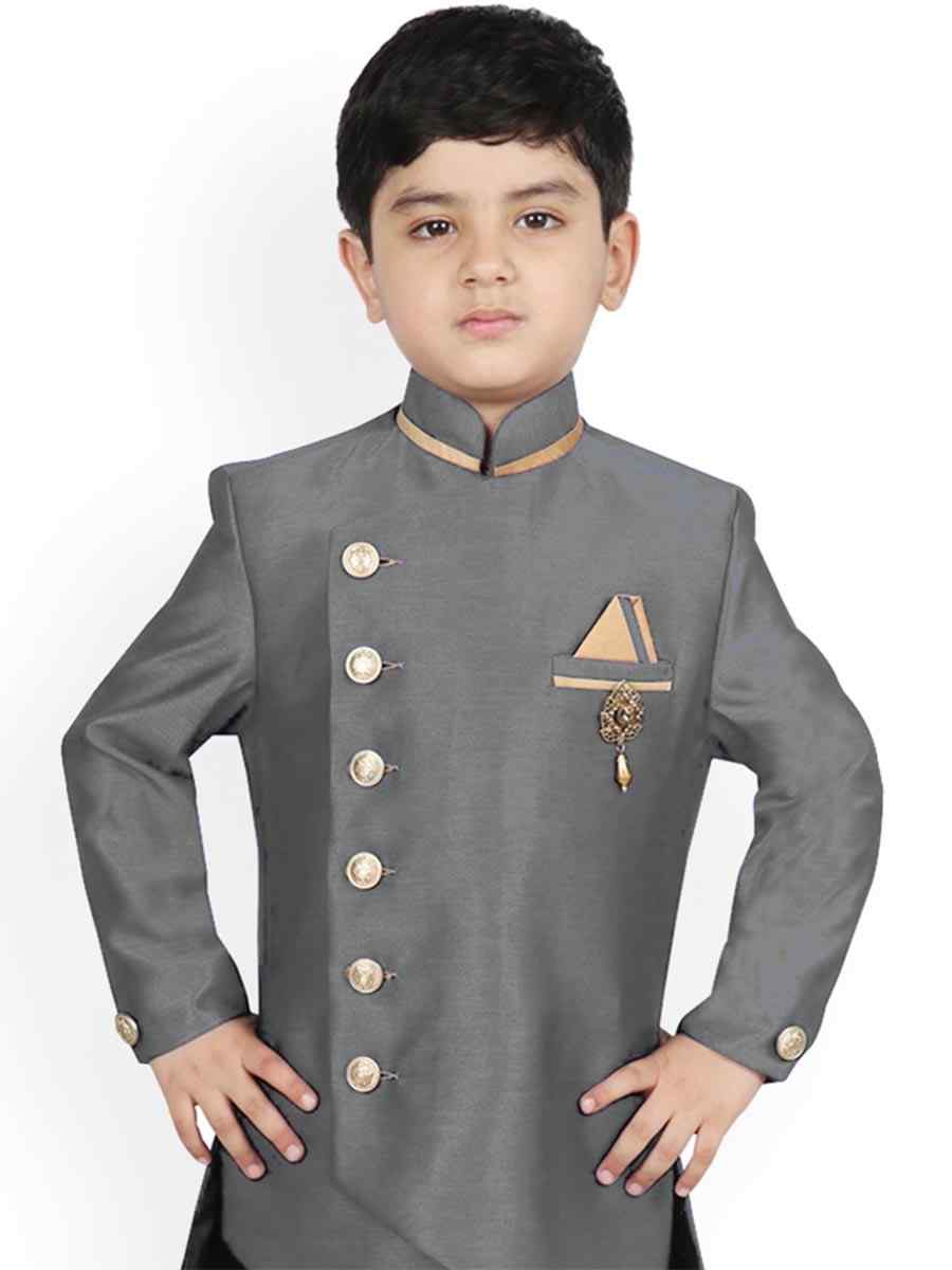 Gray Dupion Silk Brocade Festival Traditional Kurta Pyjama Boys Wear