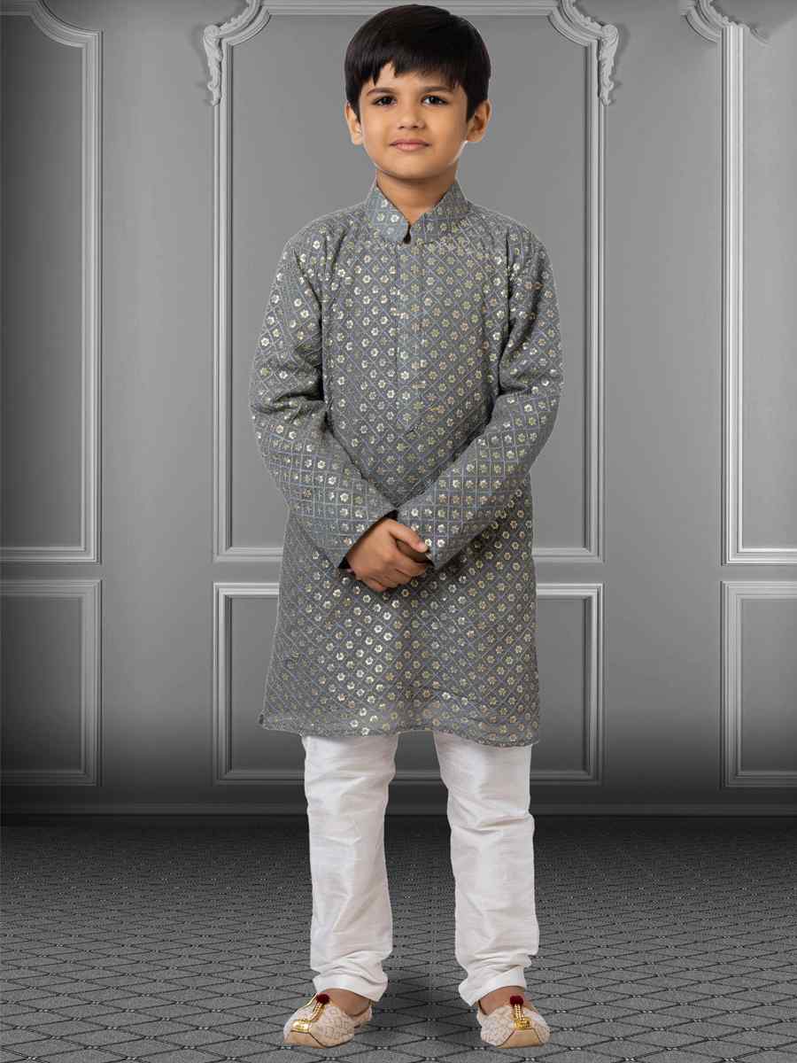 Gray Georgette Embroidered Festival Kurta Pyjama Boys Wear