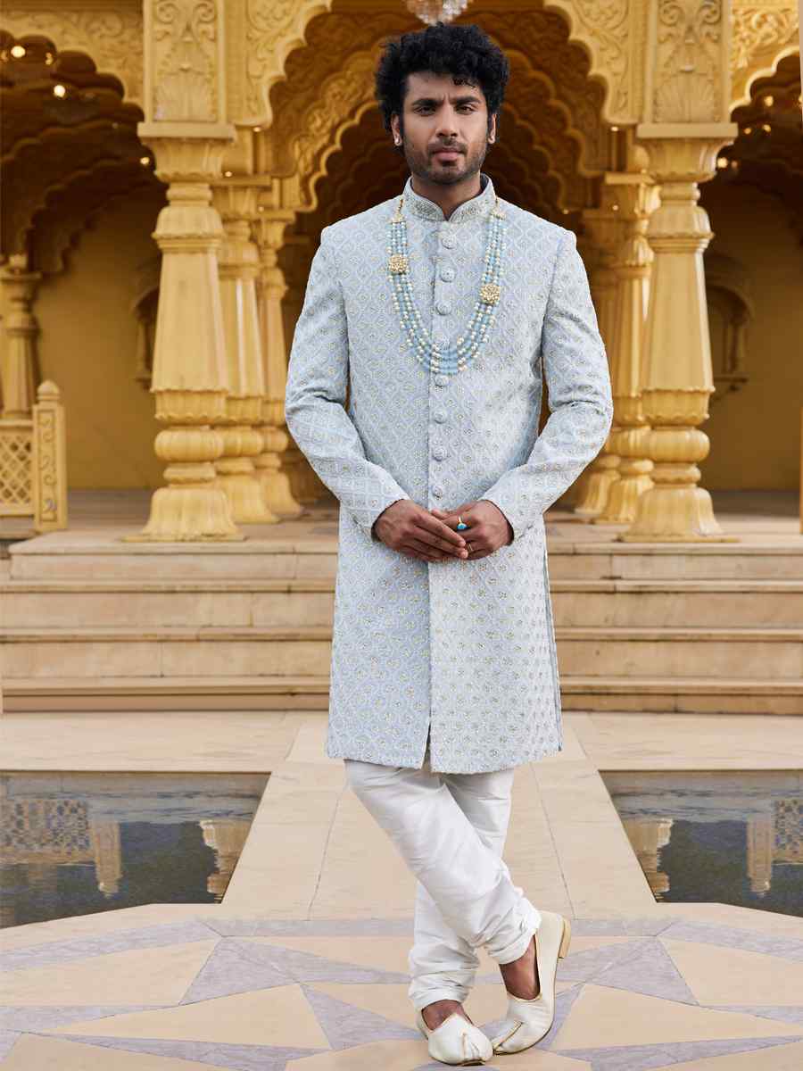 Gray Georgette Woven Wedding Groom Sherwani