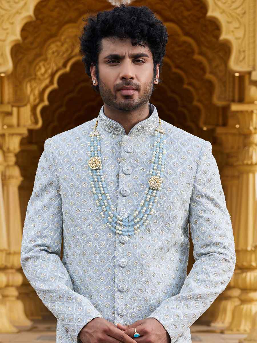 Gray Georgette Woven Wedding Groom Sherwani