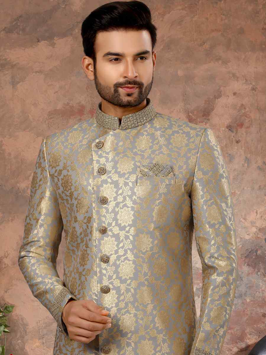 Gray Gold Jacquard Woven Festival Wedding Sherwani