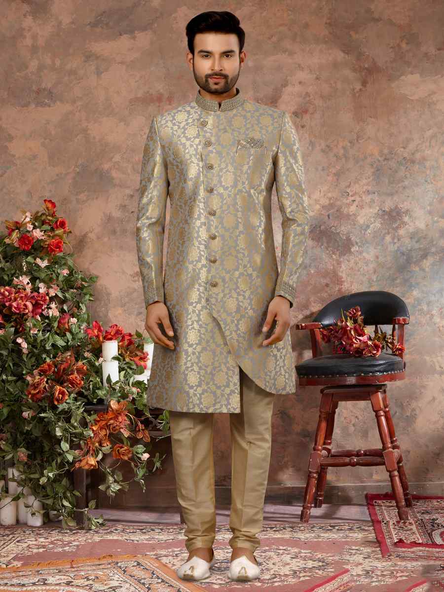Gray Gold Jacquard Woven Festival Wedding Sherwani