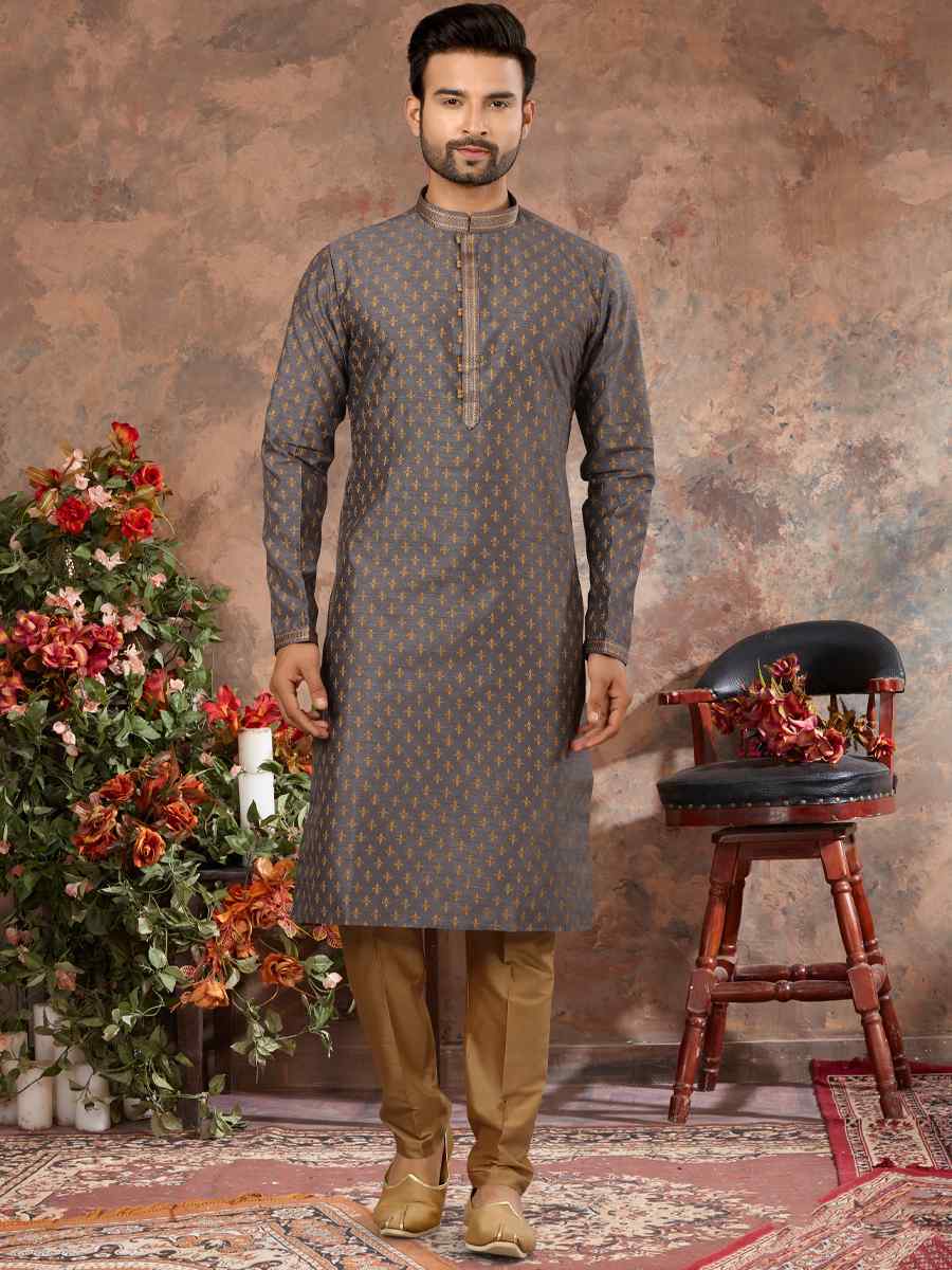 Gray Gold Silk Woven Festival Party Kurta