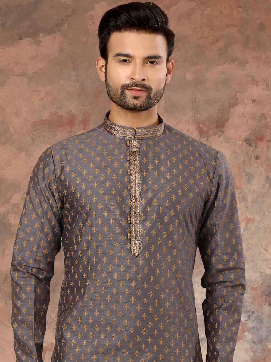 Gray Gold Silk Woven Festival Party Kurta