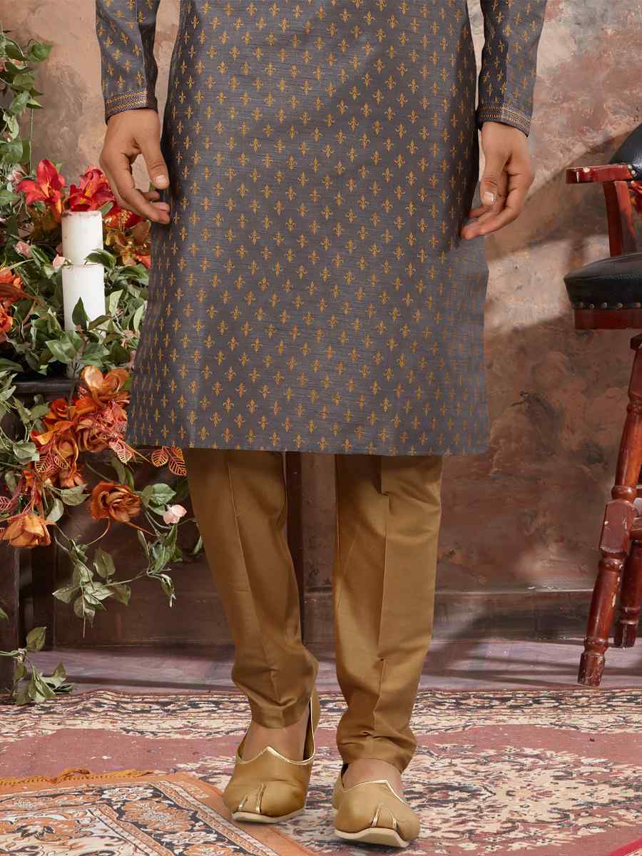 Gray Gold Silk Woven Festival Party Kurta