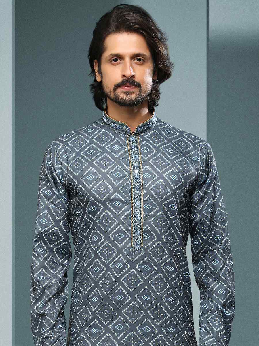 Gray Hand Loomed In Rich Yarns Of Cotton Printed Festival Kurta