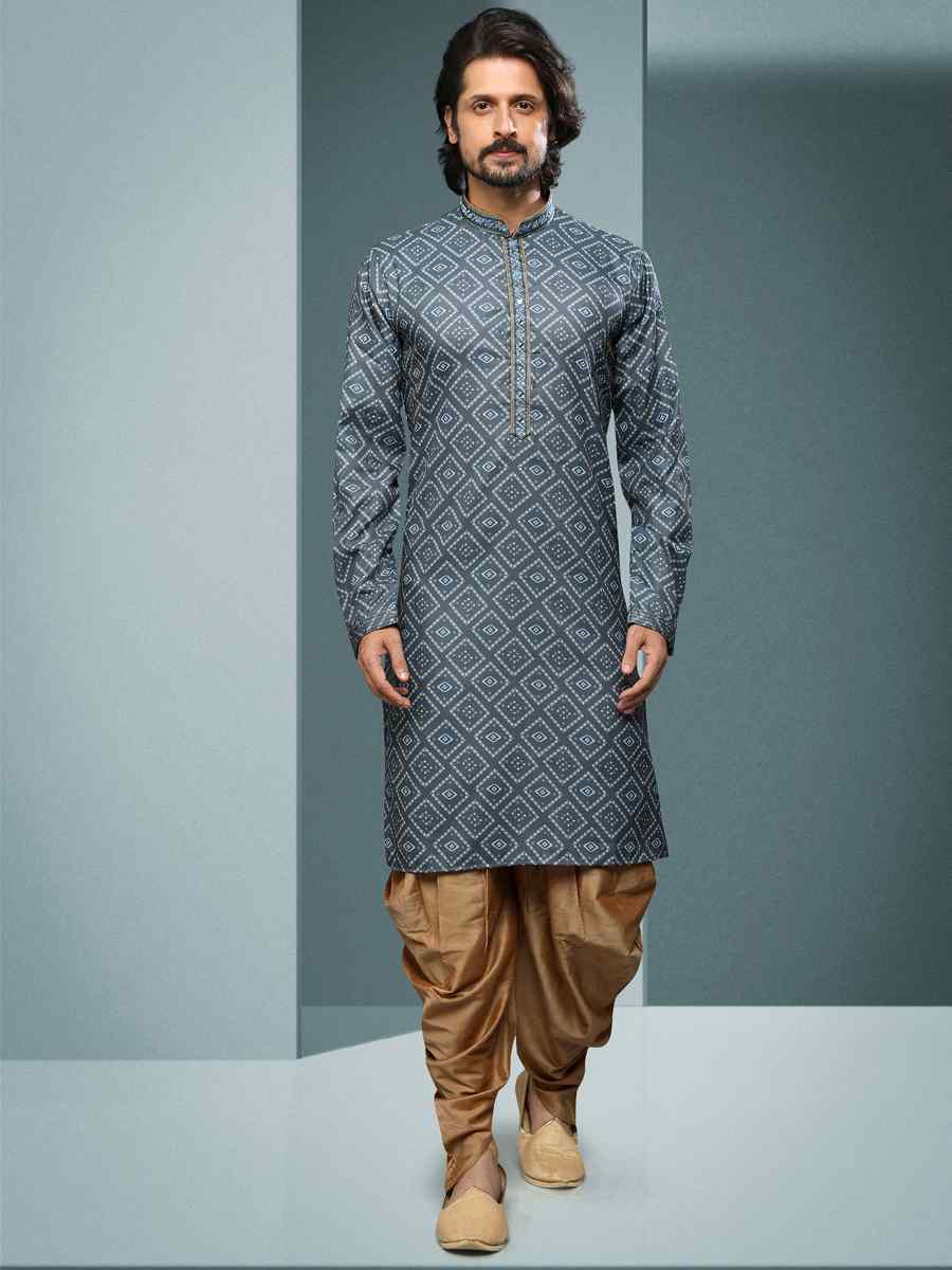 Gray Hand Loomed In Rich Yarns Of Cotton Printed Festival Kurta
