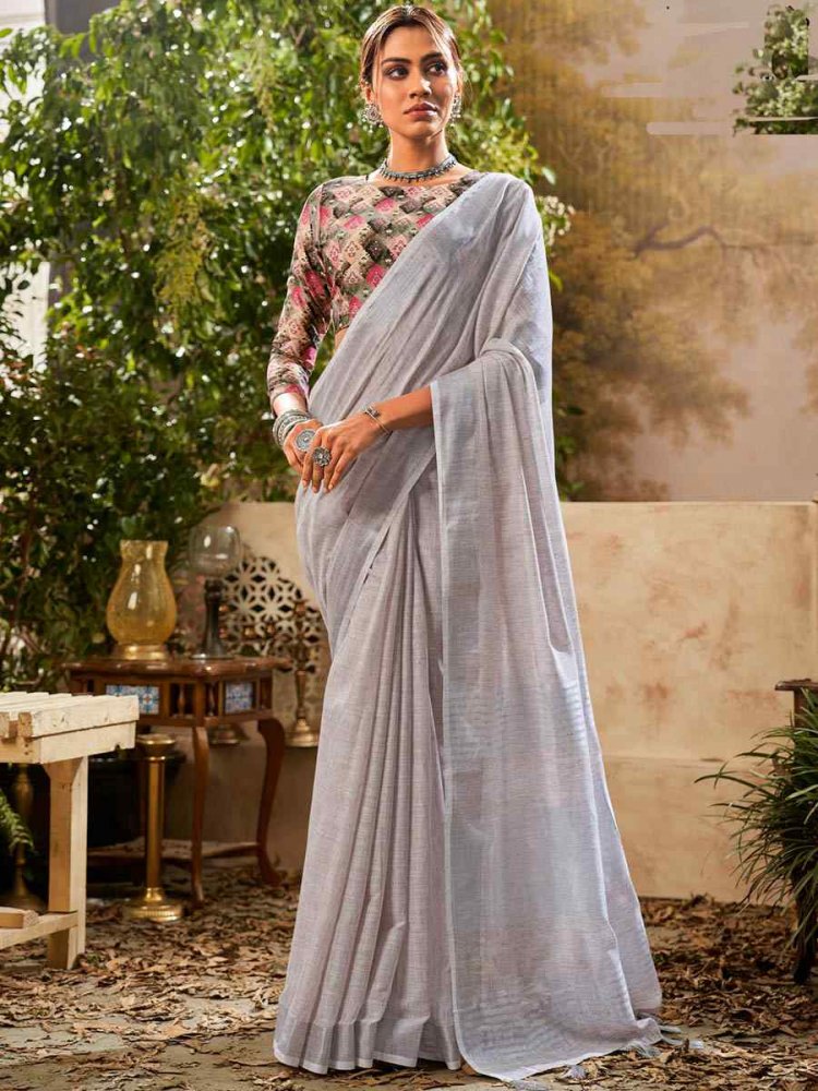 Gray Handloom Khadi Linen Printed Casual Festival Classic Style Saree