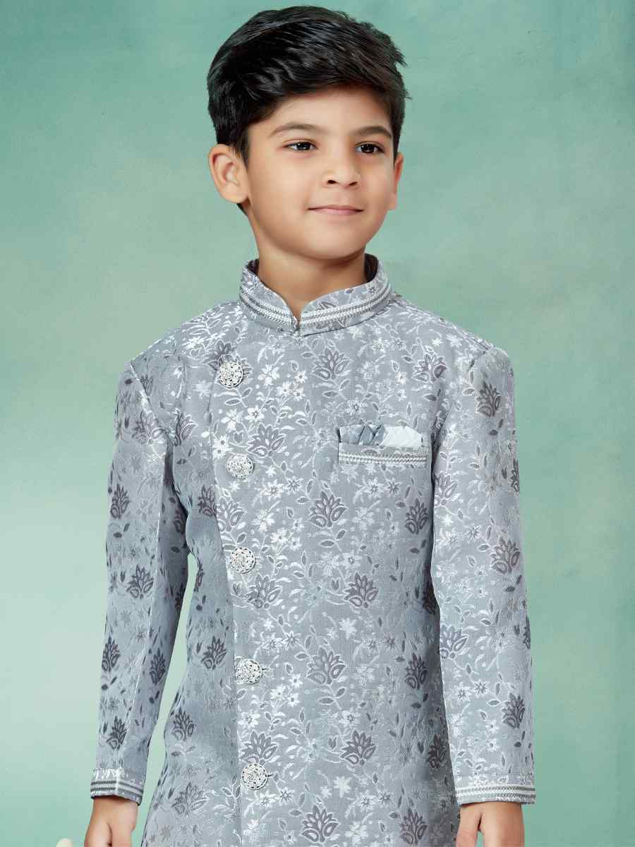 Gray Heavy Banarasi Jacquard Embroidered Party Festival Kurta Pyjama Boys Wear