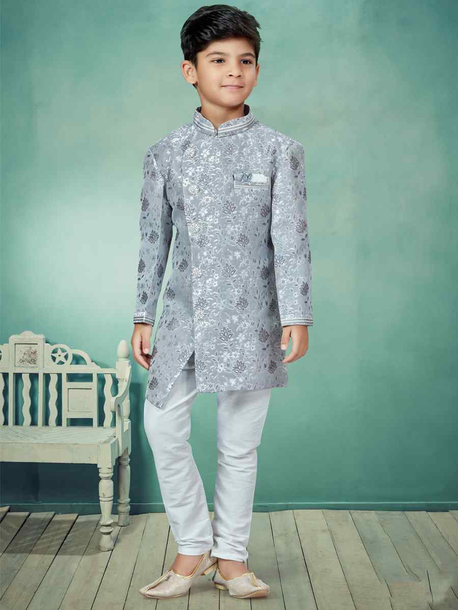 Gray Heavy Banarasi Jacquard Embroidered Party Festival Kurta Pyjama Boys Wear