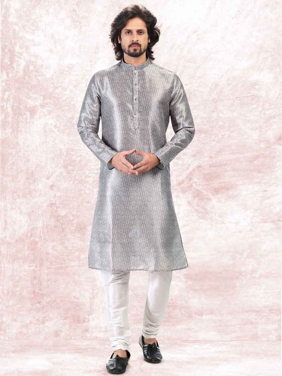 Gray Jacquard Banarasi Silk Woven Festival Wedding Kurta