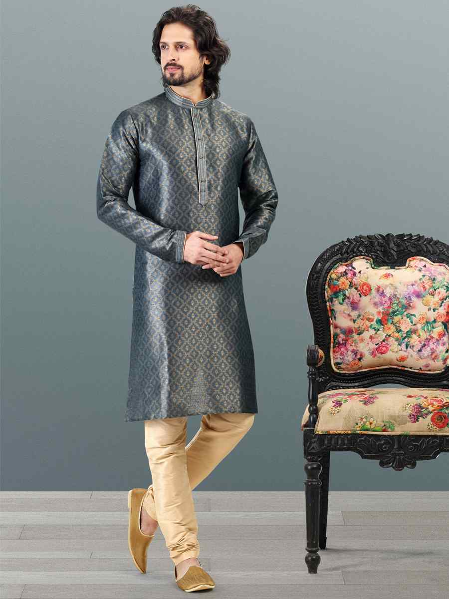 Gray Jacquard Banarasi Silk Woven Festival Wedding Kurta