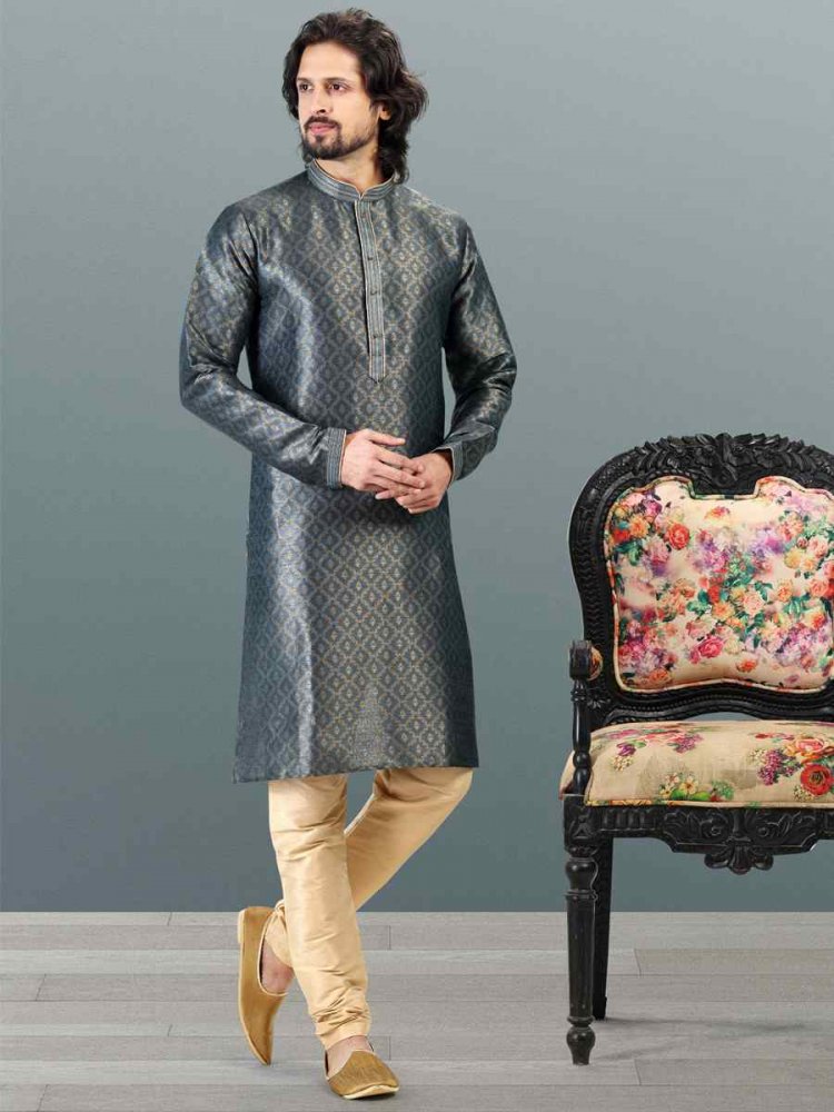 Gray Jacquard Banarasi Silk Woven Festival Wedding Kurta