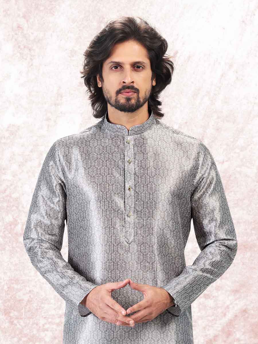 Gray Jacquard Banarasi Silk Woven Festival Wedding Kurta