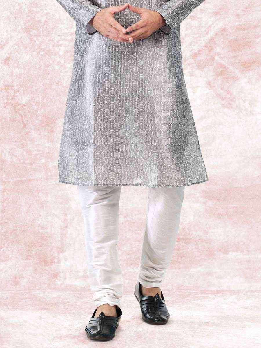 Gray Jacquard Banarasi Silk Woven Festival Wedding Kurta
