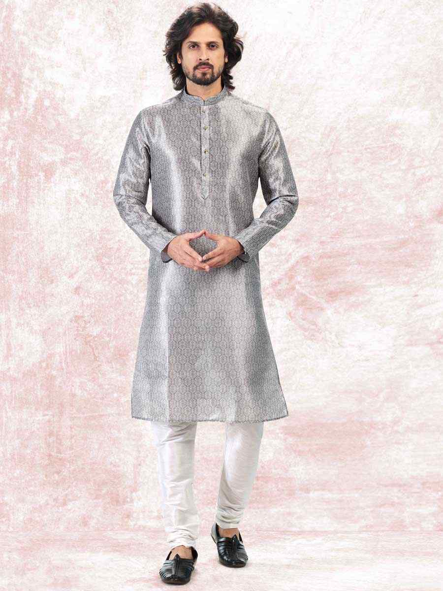 Gray Jacquard Banarasi Silk Woven Festival Wedding Kurta