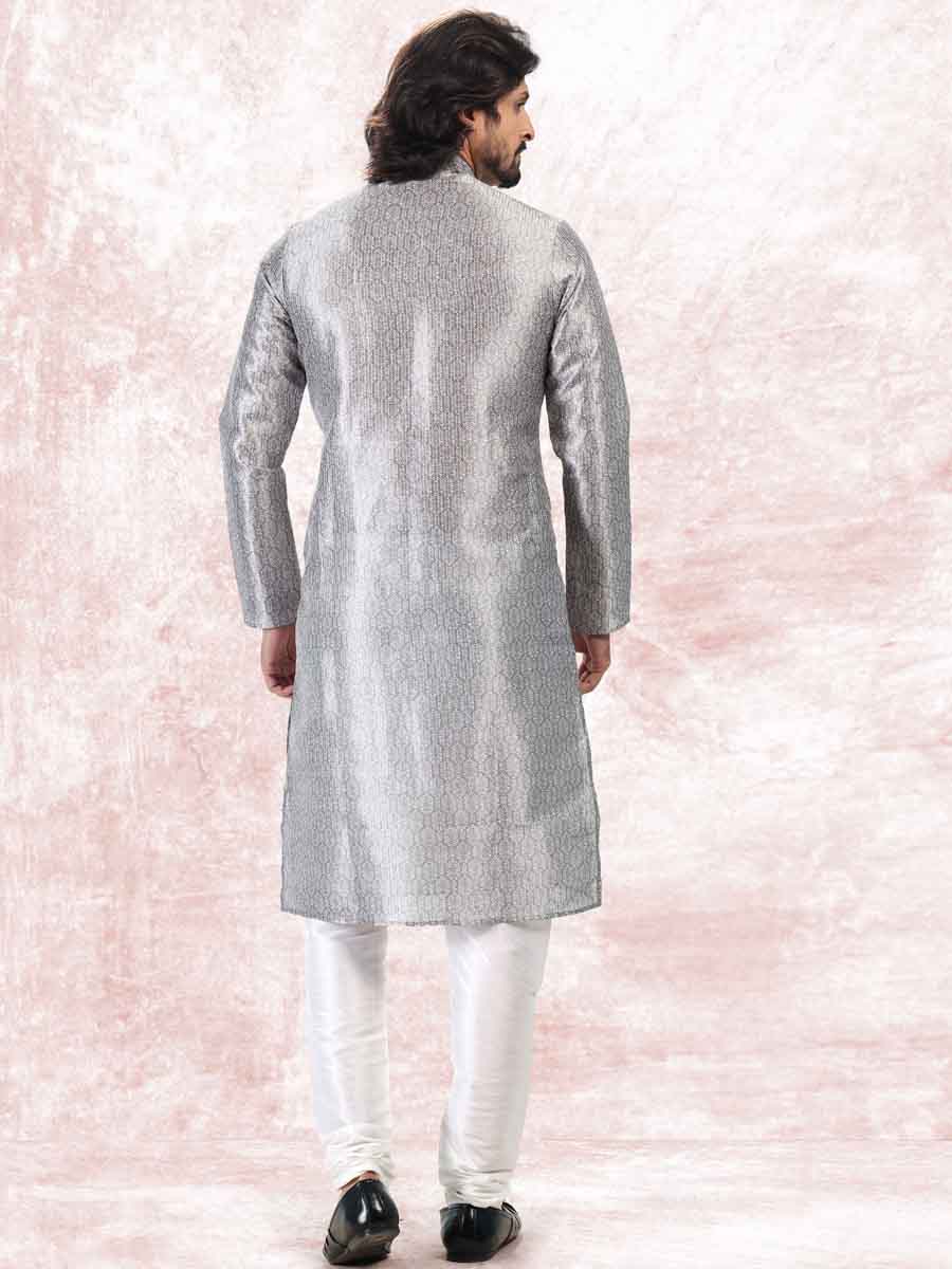 Gray Jacquard Banarasi Silk Woven Festival Wedding Kurta