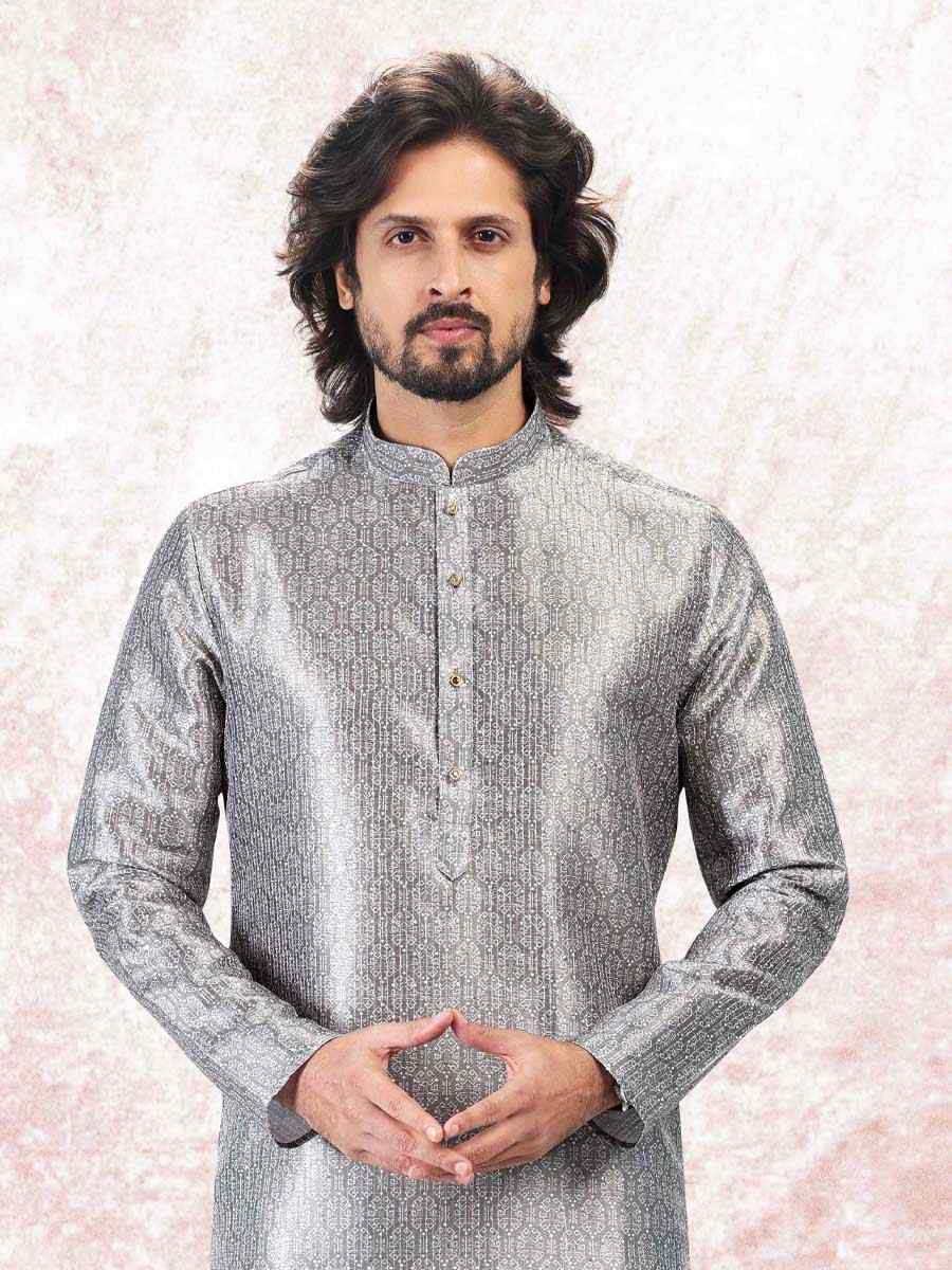 Gray Jacquard Banarasi Silk Woven Festival Wedding Kurta