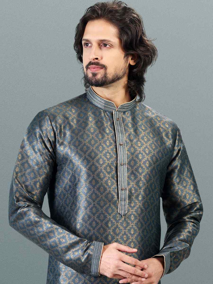 Gray Jacquard Banarasi Silk Woven Festival Wedding Kurta