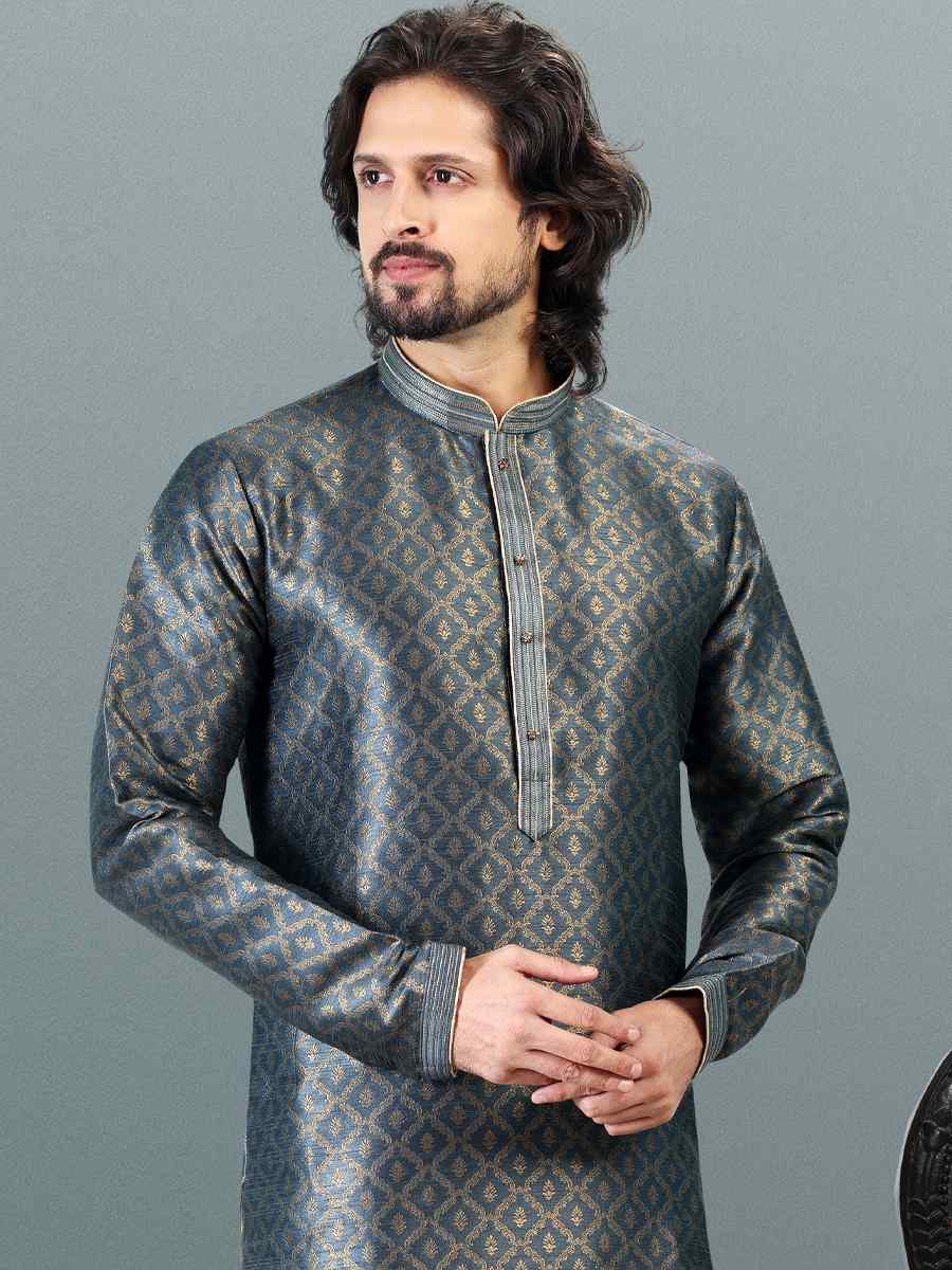 Gray Jacquard Banarasi Silk Woven Festival Wedding Kurta