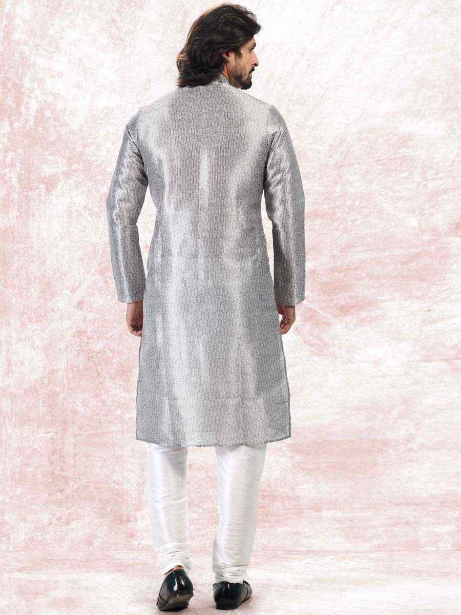 Gray Jacquard Banarasi Silk Woven Festival Wedding Kurta