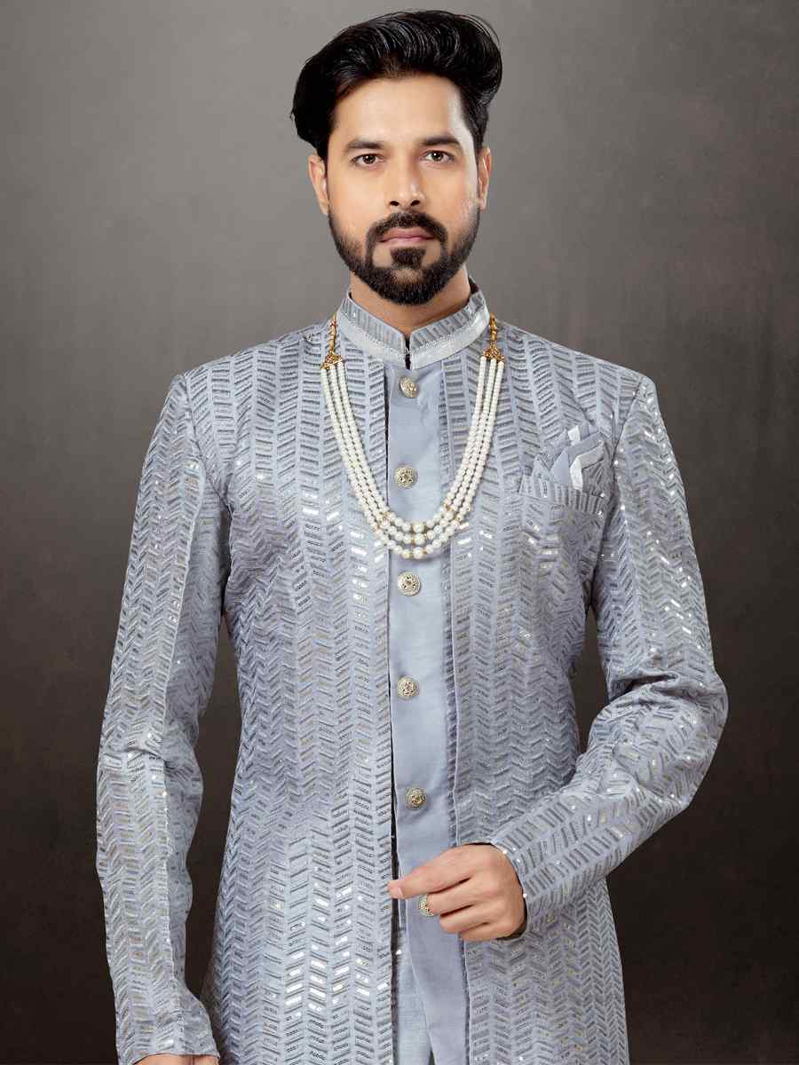 Gray Jacquard Embroidered Festival Wedding Sherwani