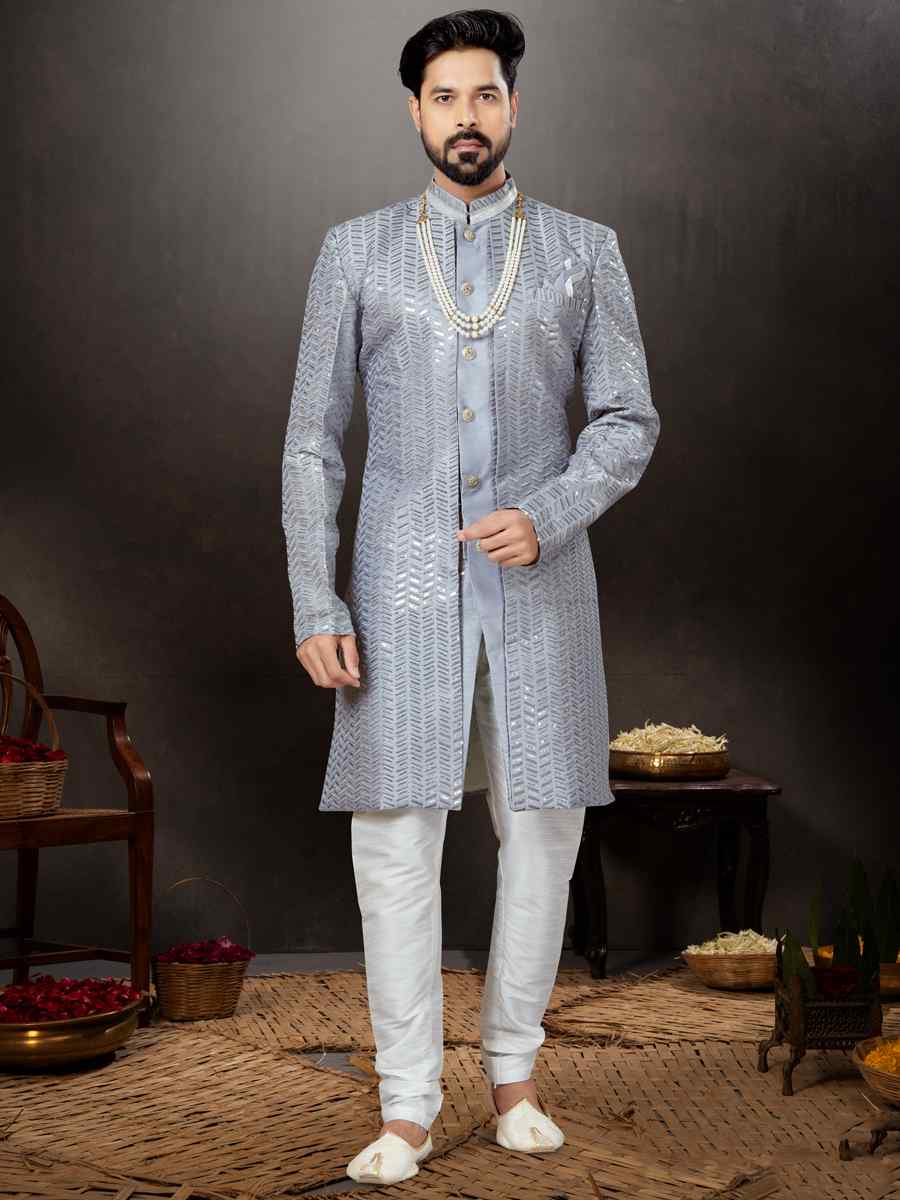 Gray Jacquard Embroidered Festival Wedding Sherwani