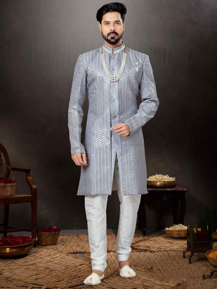 Gray Jacquard Embroidered Festival Wedding Sherwani