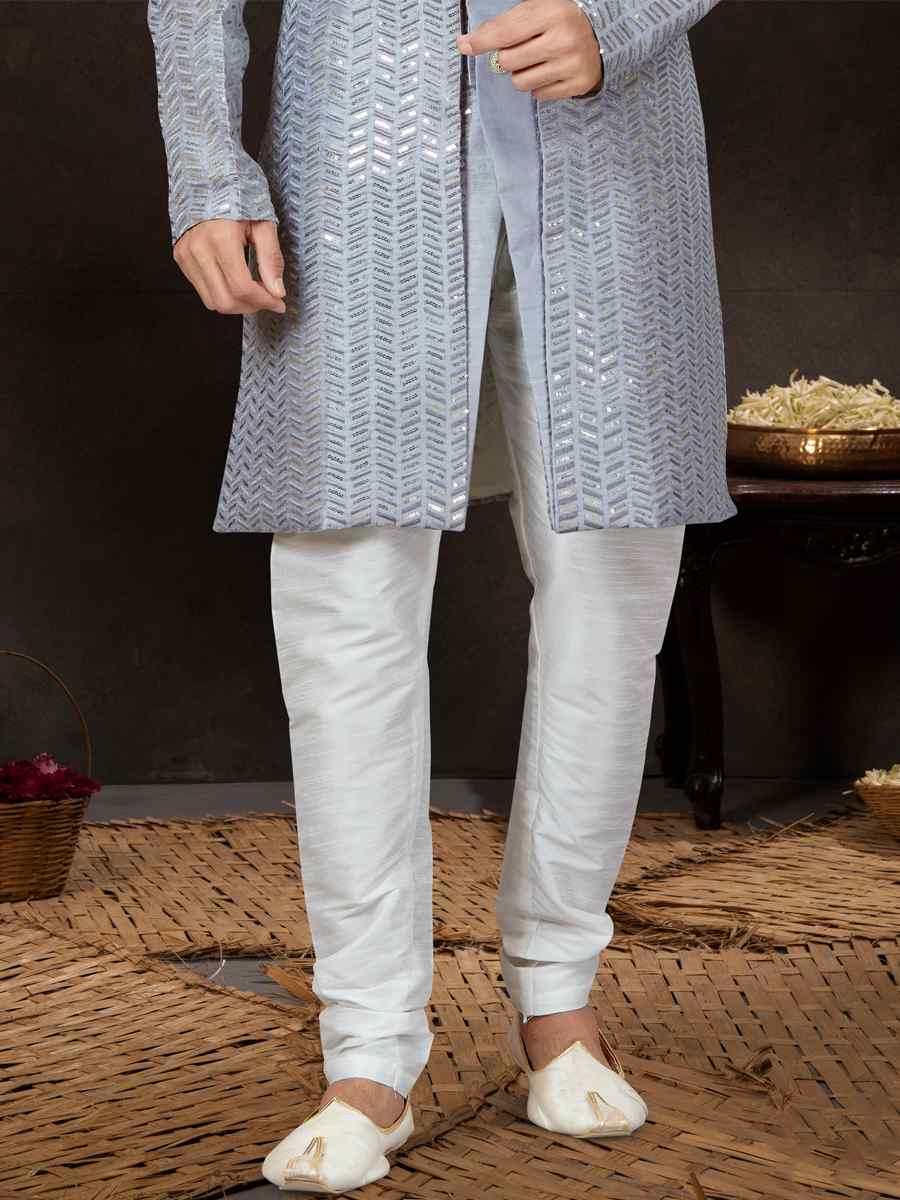 Gray Jacquard Embroidered Festival Wedding Sherwani