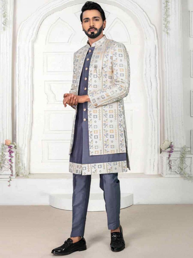 Gray Jacquard Embroidered Wedding Groom Sherwani