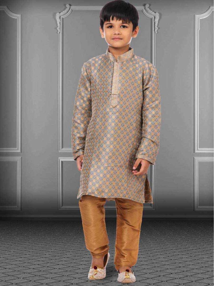 Gray Jacquard Silk Embroidered Festival Kurta Pyjama Boys Wear