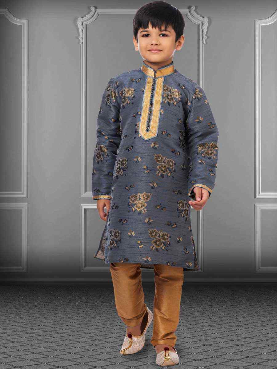Gray Jacquard Silk Embroidered Festival Kurta Pyjama Boys Wear
