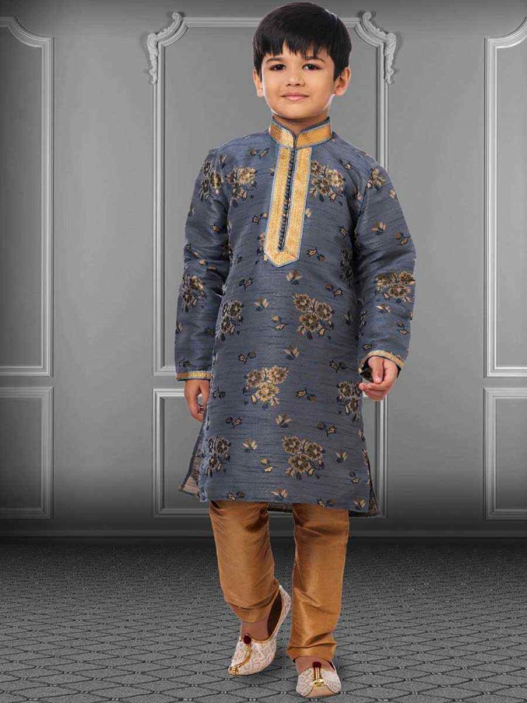 Gray Jacquard Silk Embroidered Festival Kurta Pyjama Boys Wear