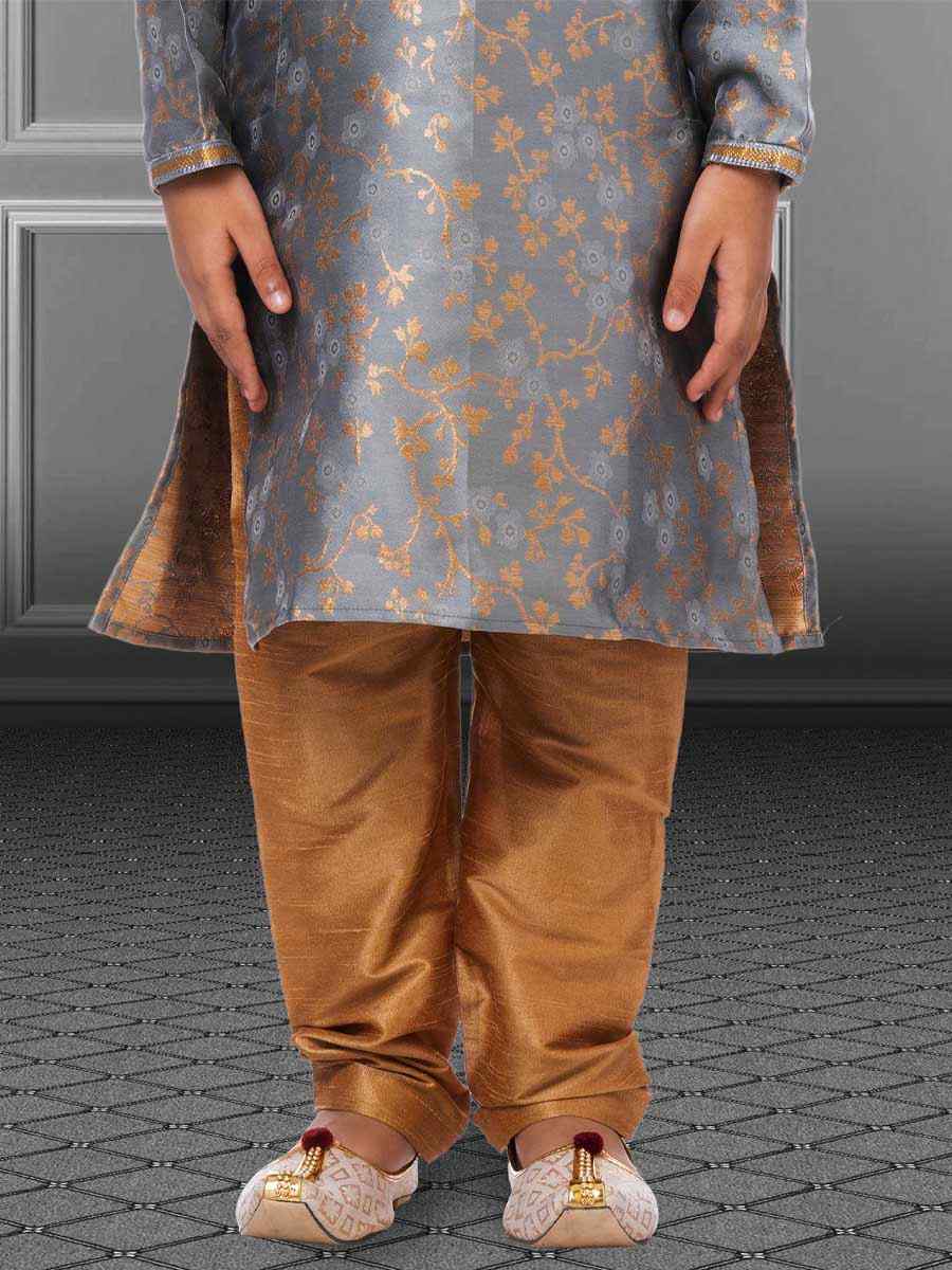 Gray Jacquard Silk Embroidered Festival Kurta Pyjama Boys Wear