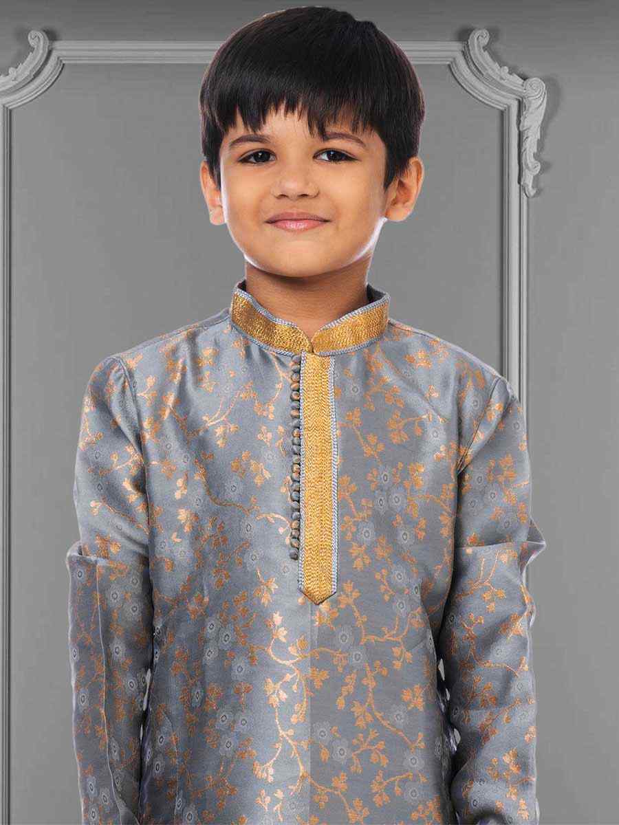 Gray Jacquard Silk Embroidered Festival Kurta Pyjama Boys Wear