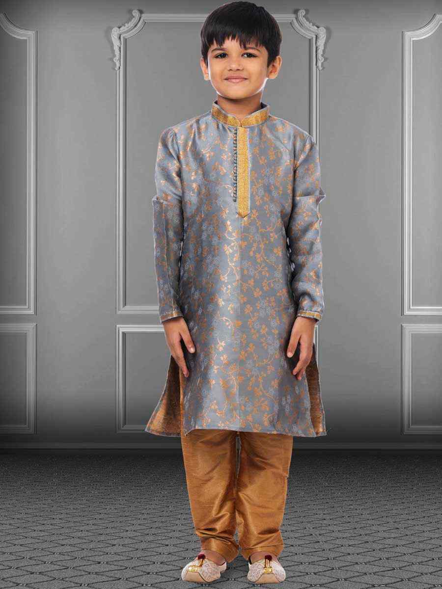 Gray Jacquard Silk Embroidered Festival Kurta Pyjama Boys Wear