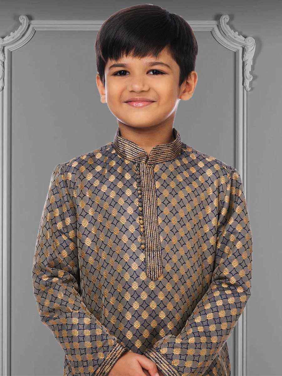 Gray Jacquard Silk Embroidered Festival Kurta Pyjama Boys Wear