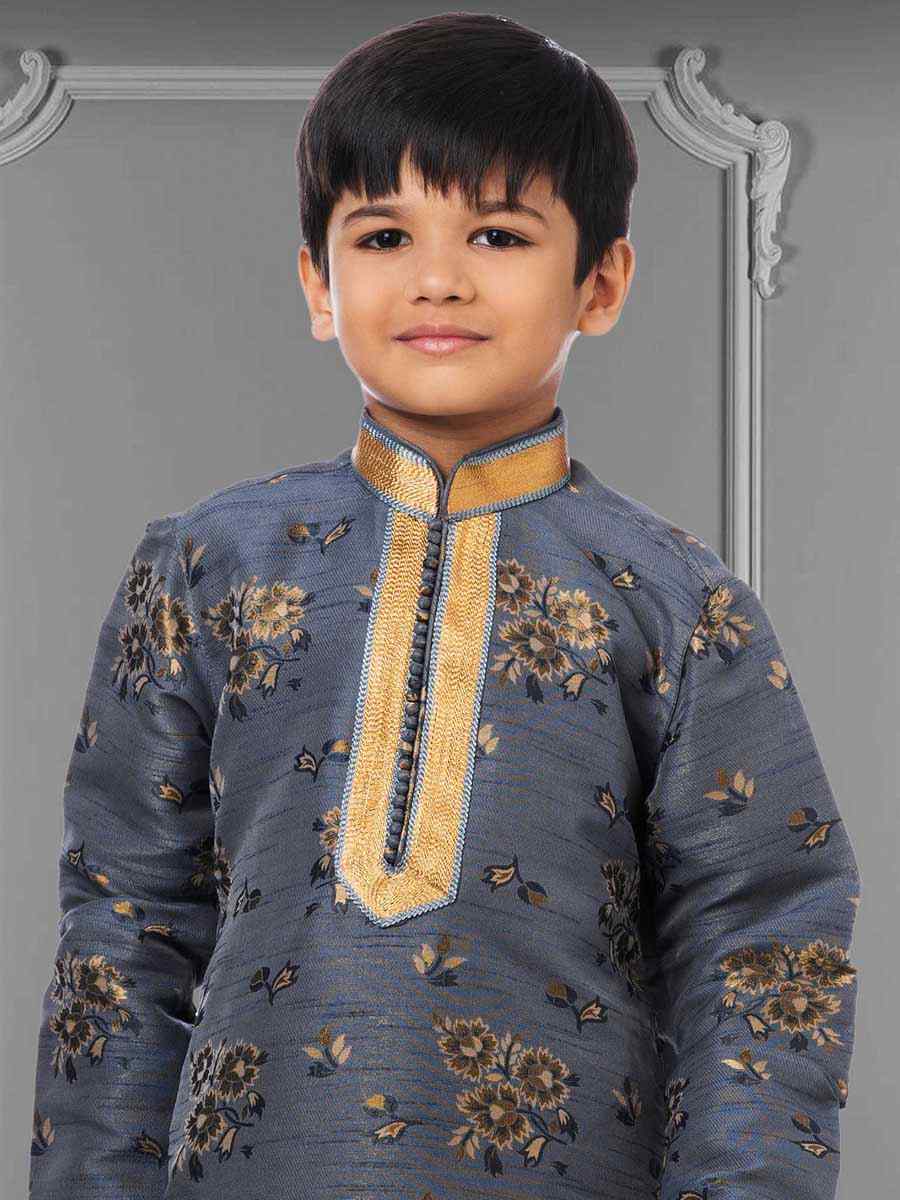 Gray Jacquard Silk Embroidered Festival Kurta Pyjama Boys Wear