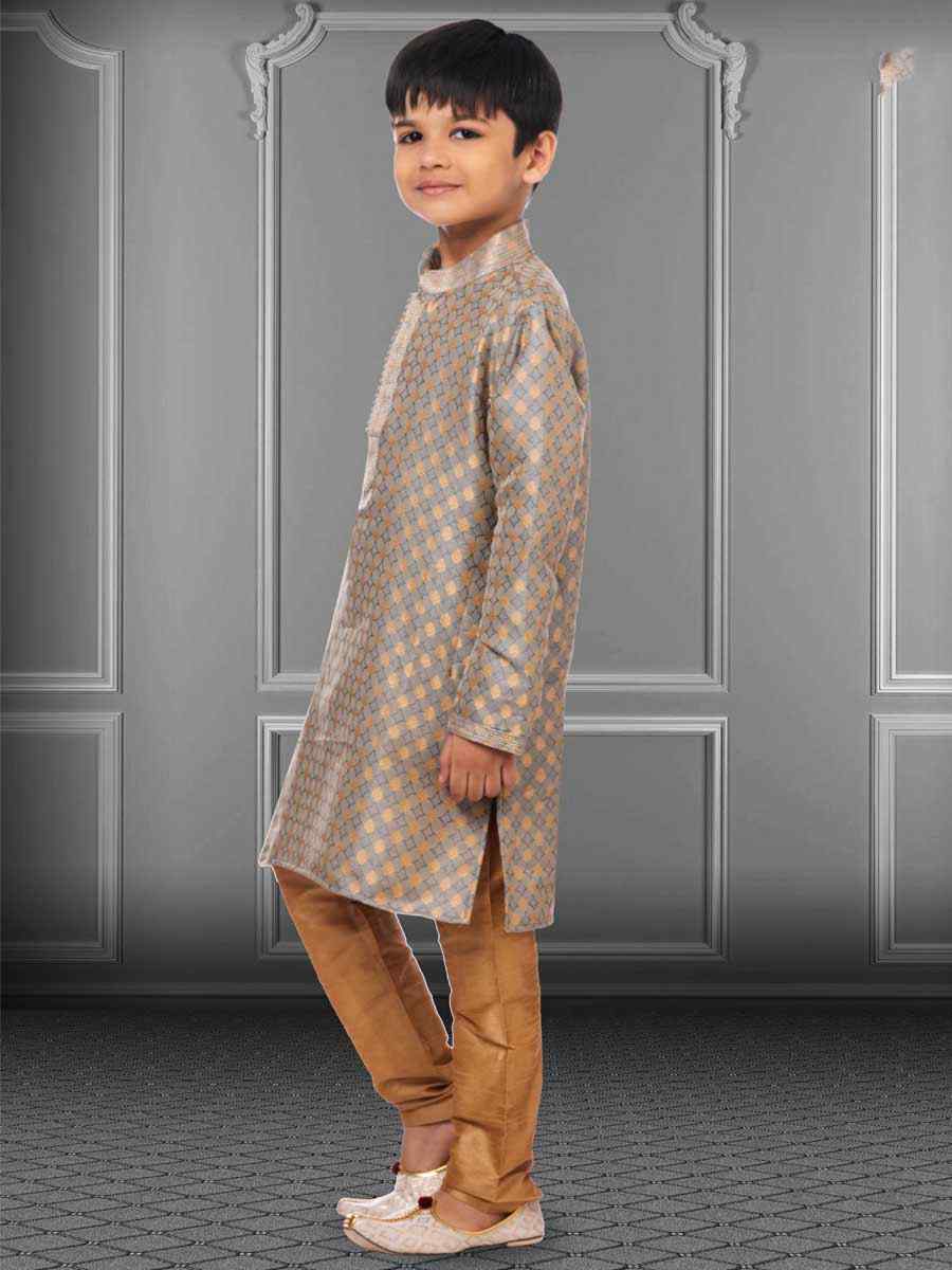 Gray Jacquard Silk Embroidered Festival Kurta Pyjama Boys Wear