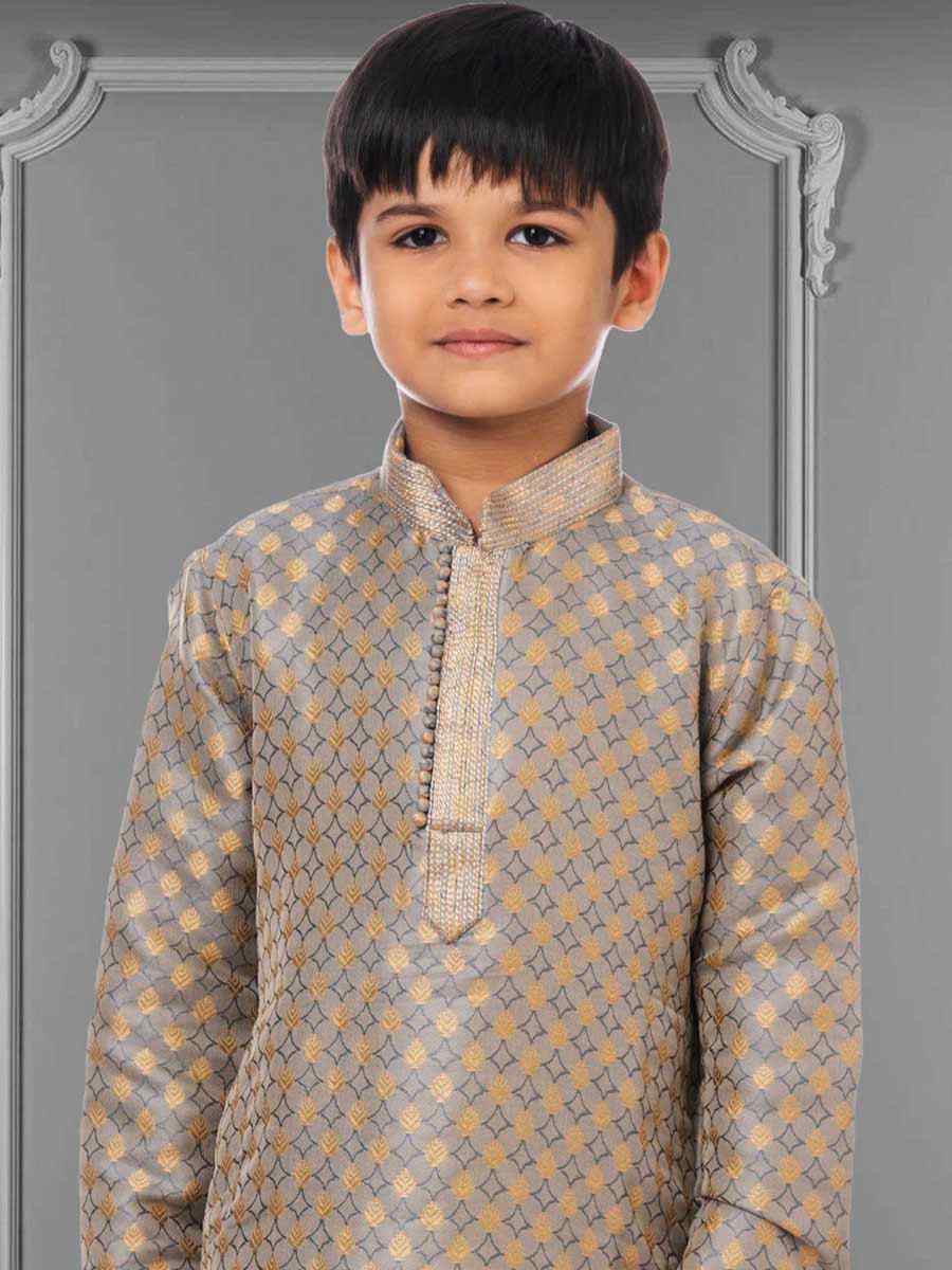 Gray Jacquard Silk Embroidered Festival Kurta Pyjama Boys Wear