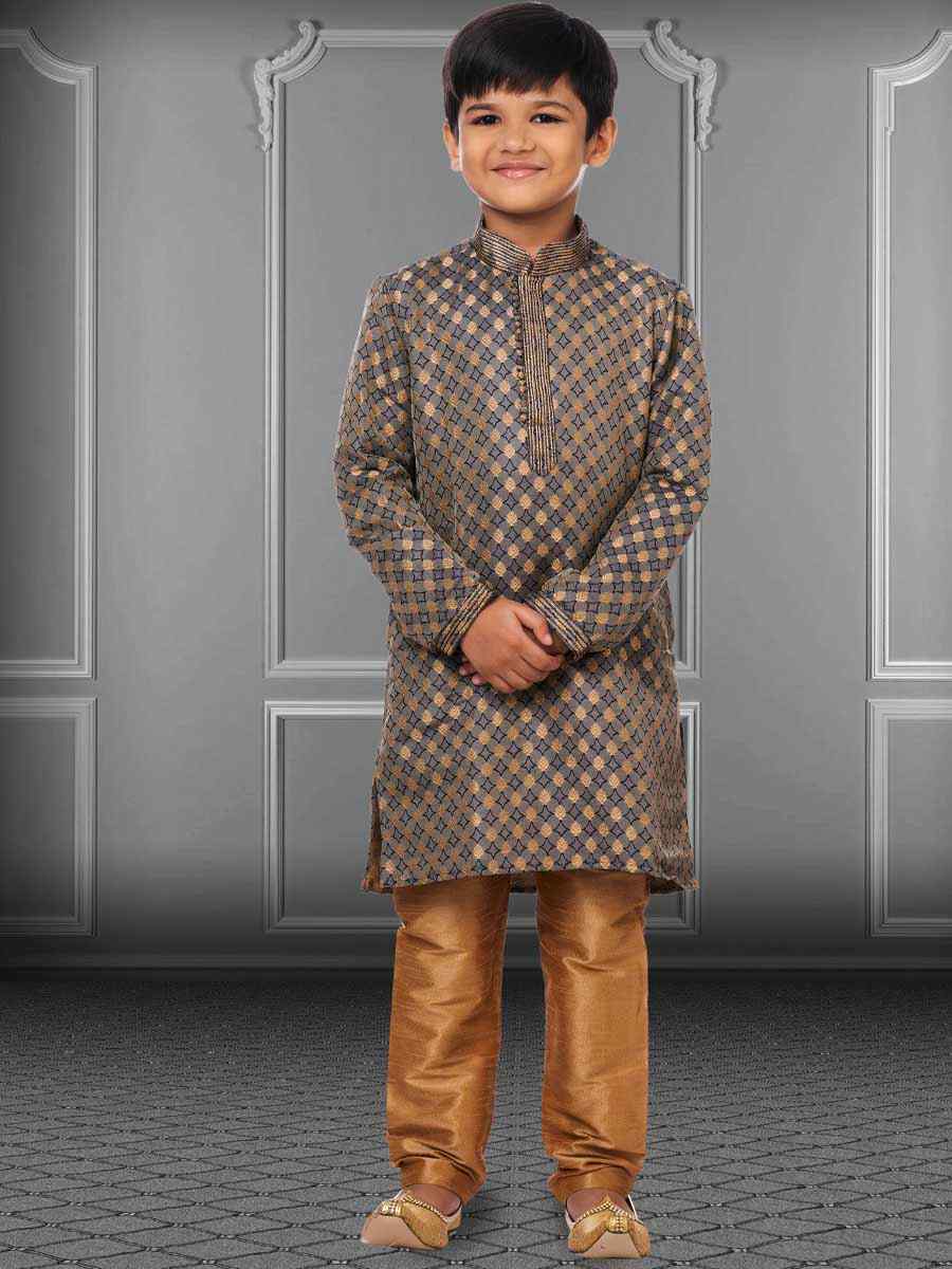 Gray Jacquard Silk Embroidered Festival Kurta Pyjama Boys Wear