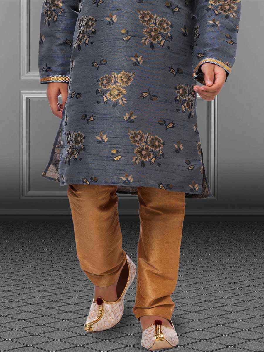 Gray Jacquard Silk Embroidered Festival Kurta Pyjama Boys Wear