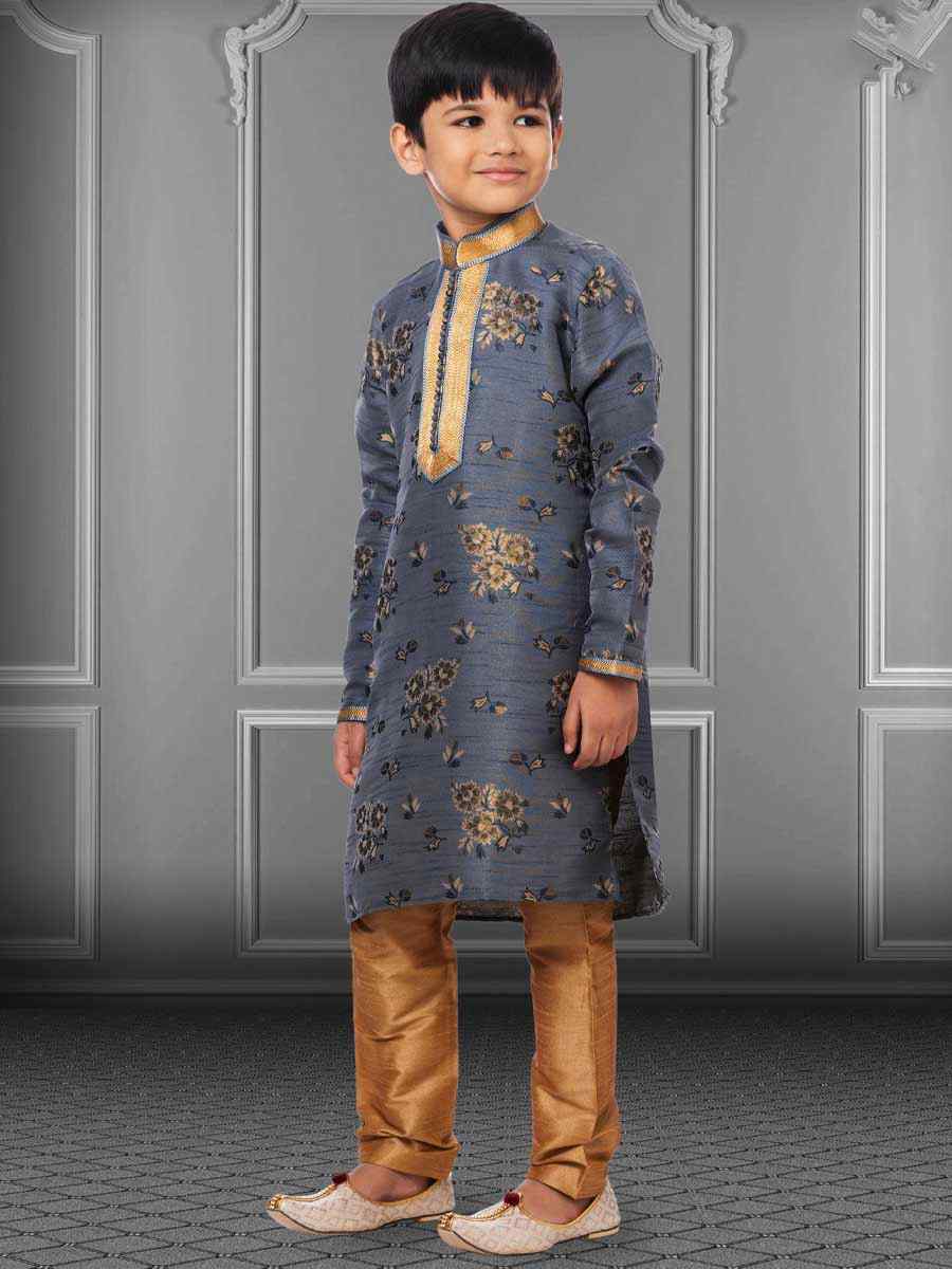 Gray Jacquard Silk Embroidered Festival Kurta Pyjama Boys Wear
