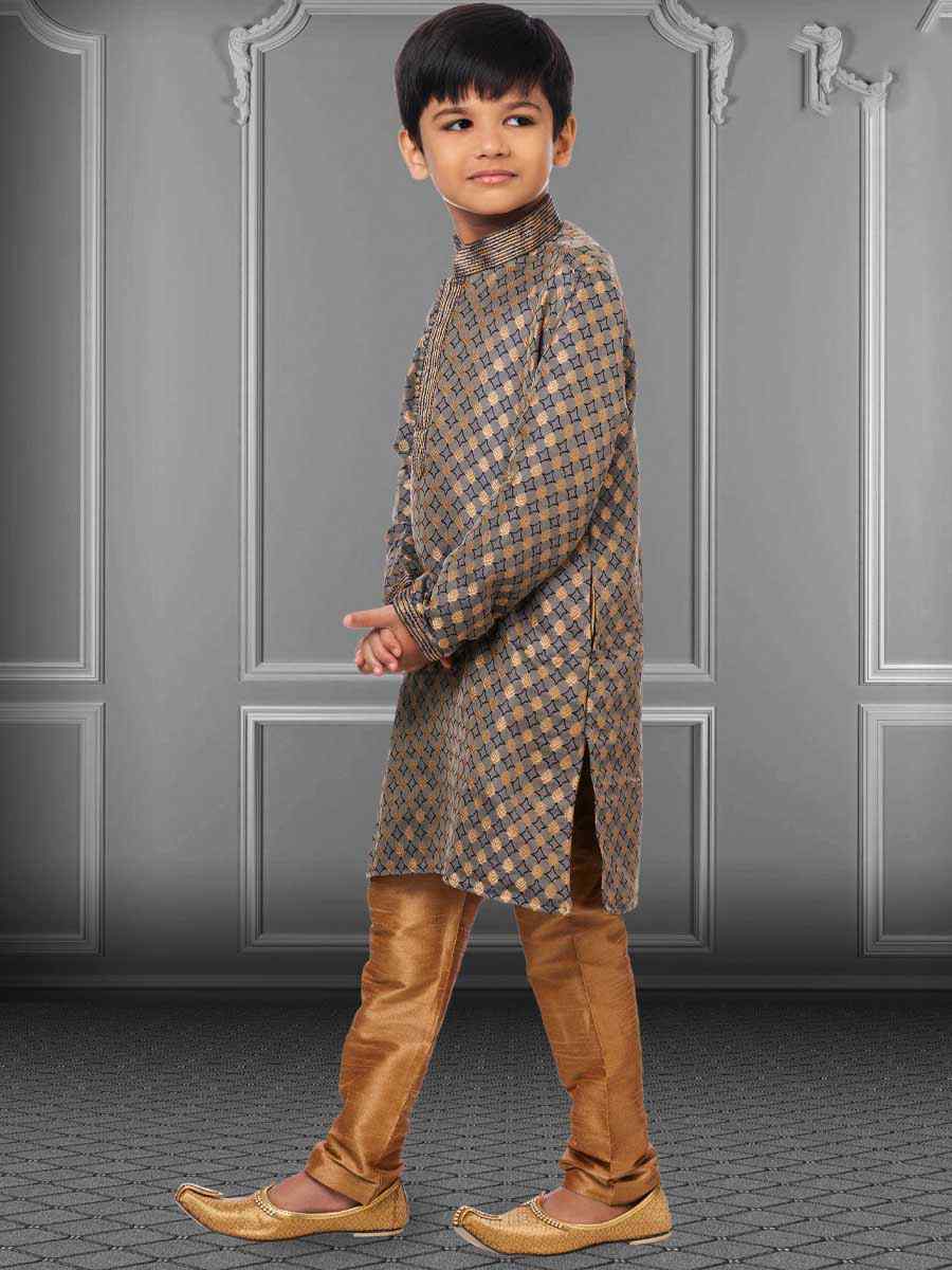 Gray Jacquard Silk Embroidered Festival Kurta Pyjama Boys Wear