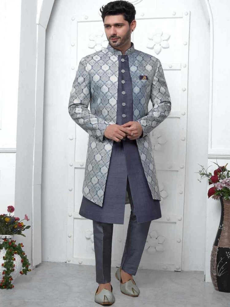 Gray Jacquard Silk Embroidered Groom Wedding Sherwani