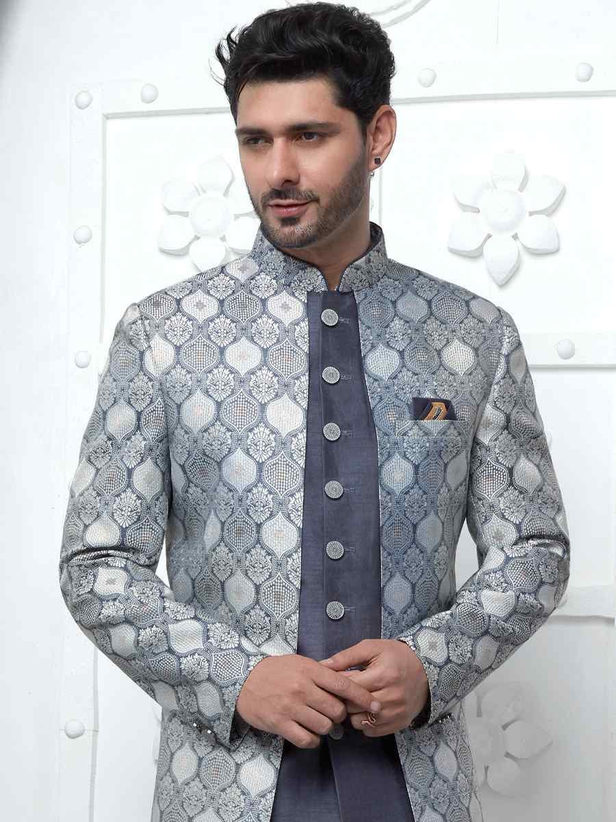 Gray Jacquard Silk Embroidered Groom Wedding Sherwani