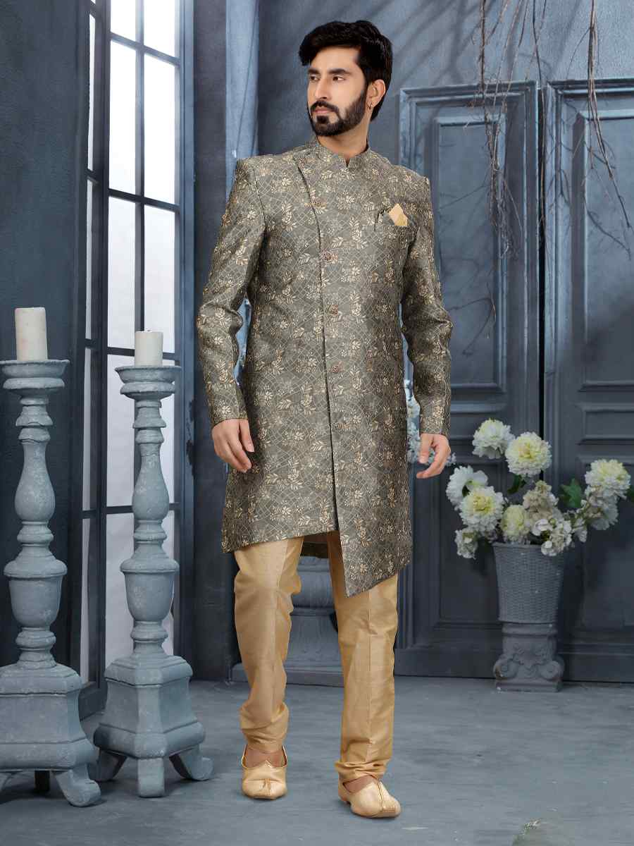 Gray Jacquard Woven Festival Wedding Sherwani