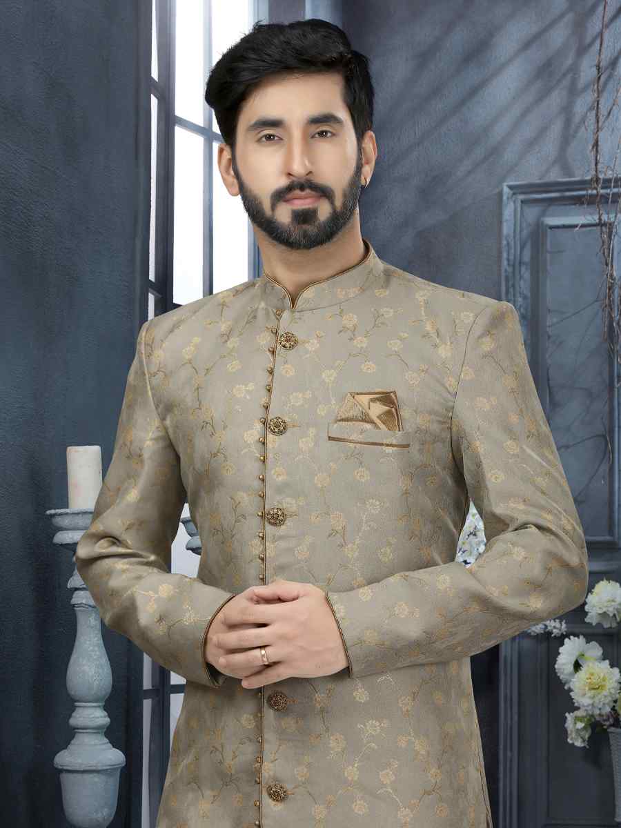 Gray Jacquard Woven Festival Wedding Sherwani