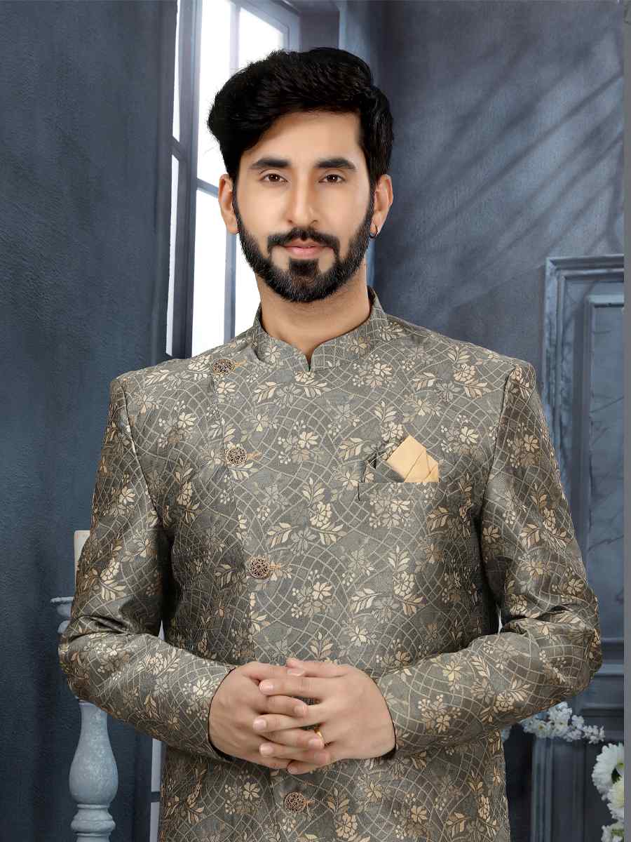 Gray Jacquard Woven Festival Wedding Sherwani